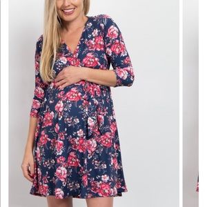 Navy Blue Floral Sash Maternity/Nursing Dress